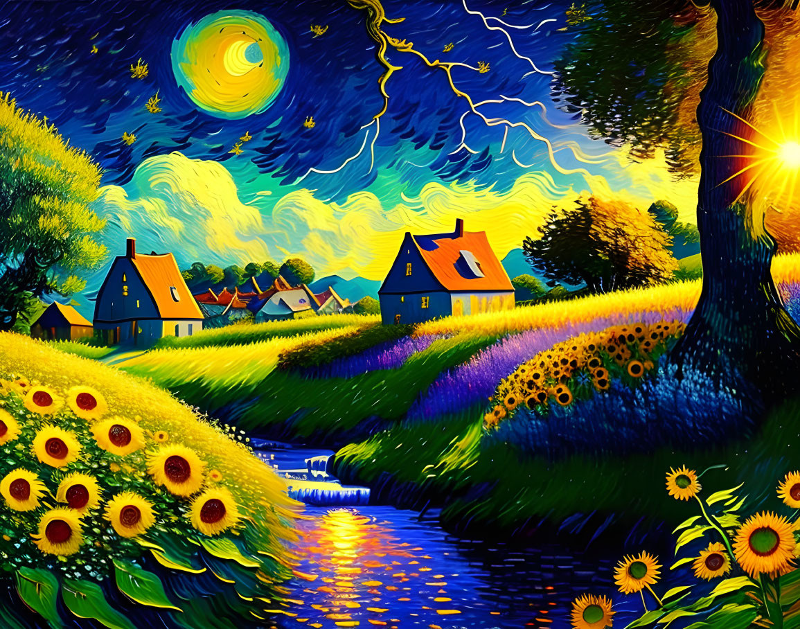 Colorful landscape with starry night sky and sunflowers in painting