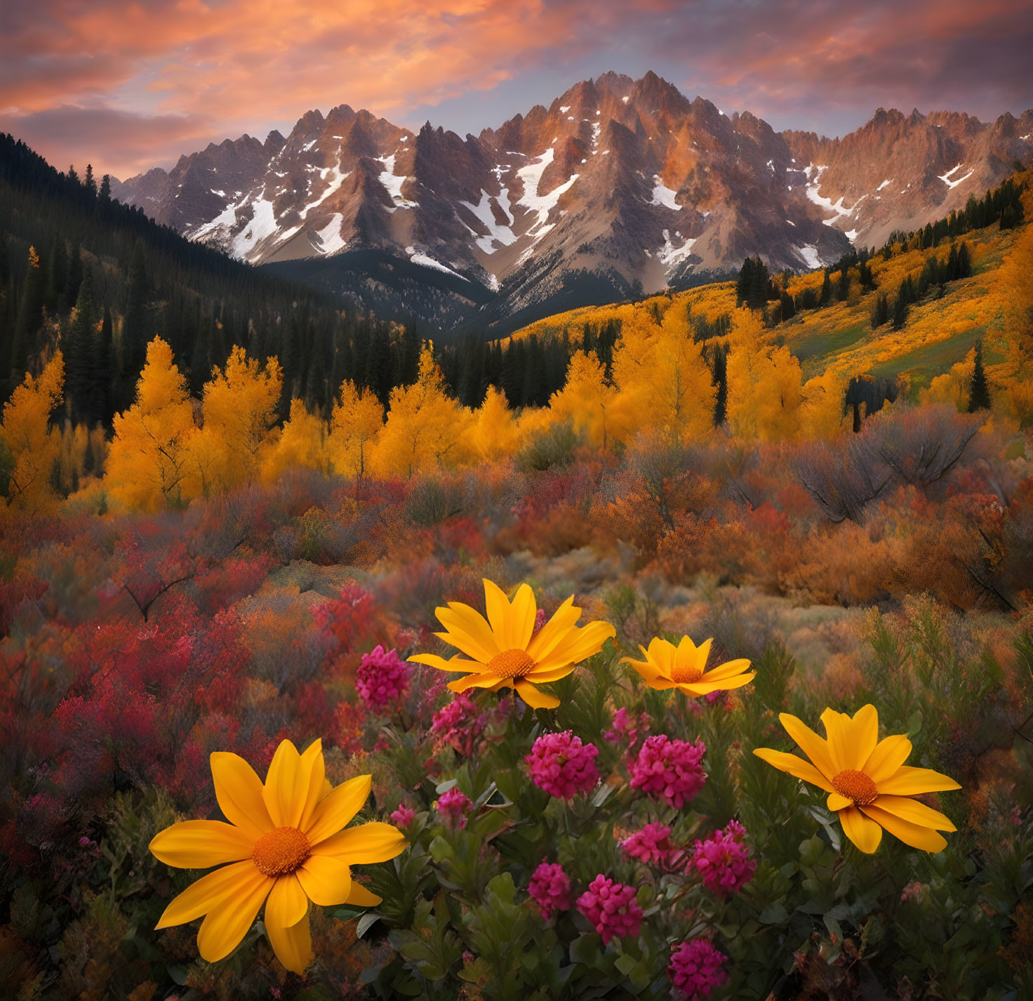 Scenic autumn landscape with yellow wildflowers, colorful foliage, and snow-capped mountains at twilight