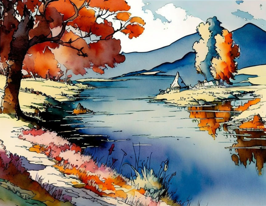 Vibrant Watercolor Illustration of Autumn Lakeside Scene