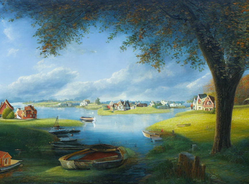 Tranquil landscape: river, boats, green hills, houses, tree under cloudy sky