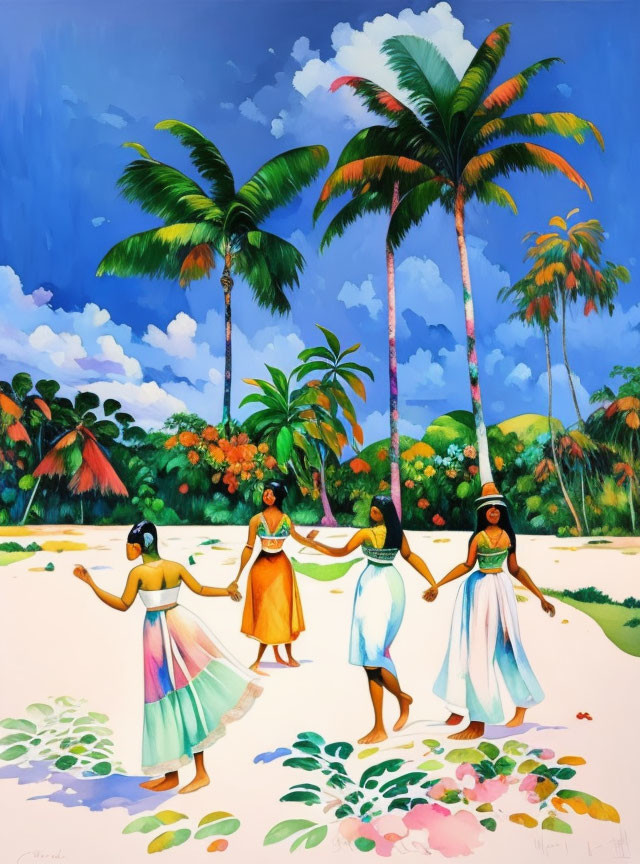 Four women dancing in vibrant dresses on a tropical beach with palm trees and lush greenery under a clear