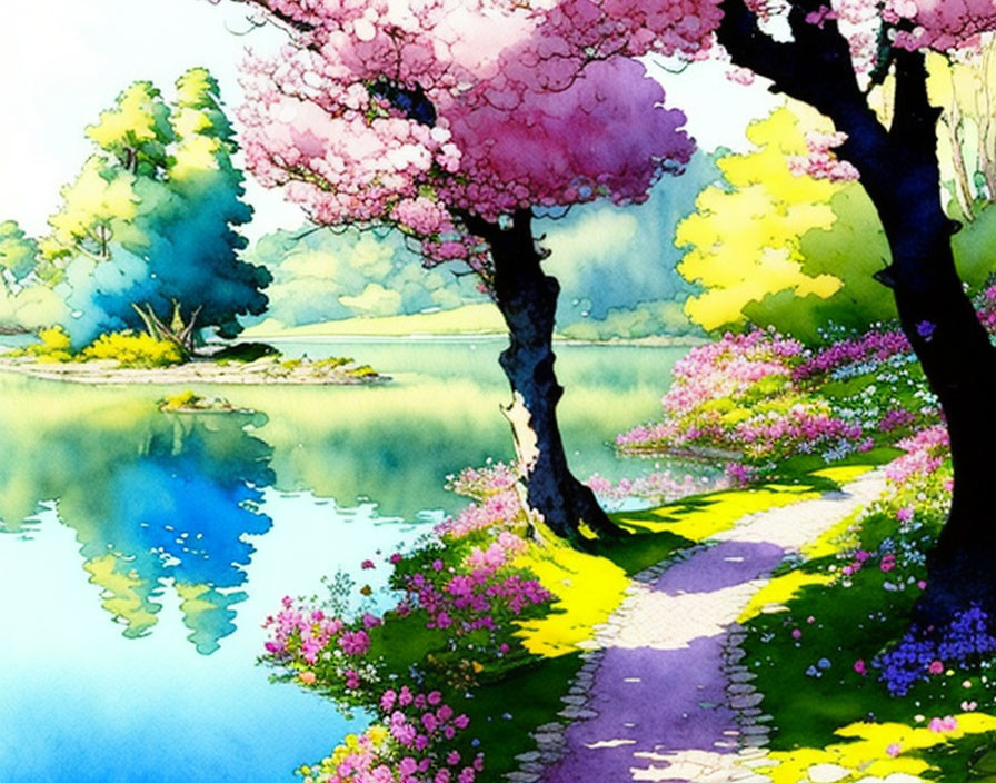 Pink Blossoming Trees by Tranquil Lakeside with Reflections