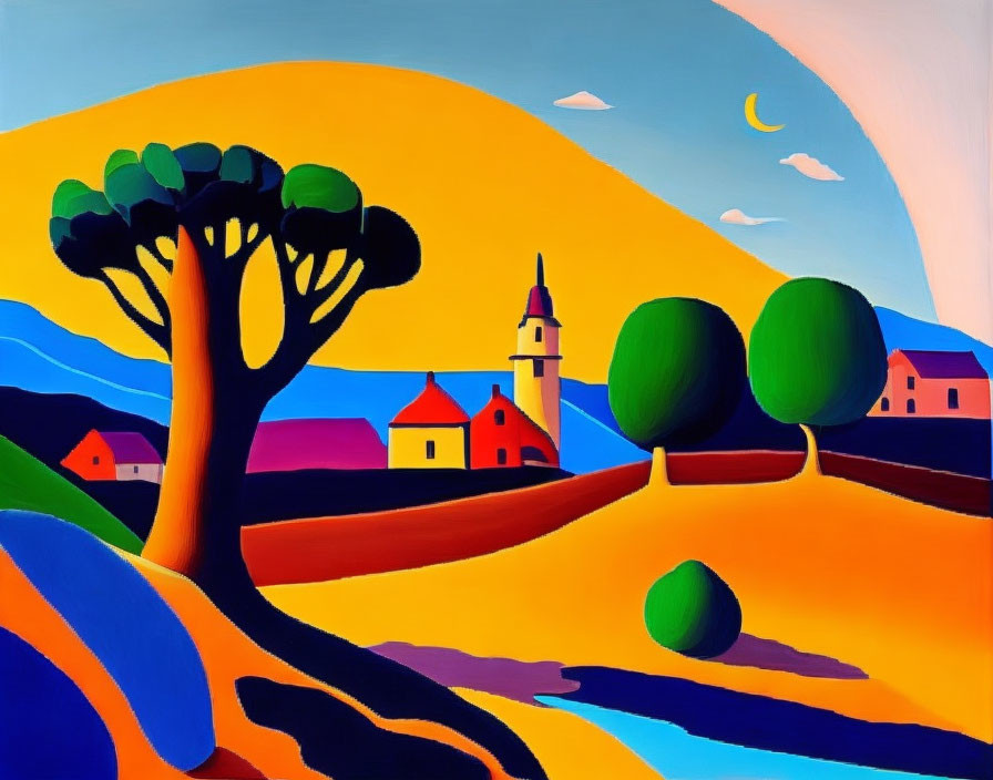 Vibrant Landscape Painting with Orange Sky and Crescent Moon