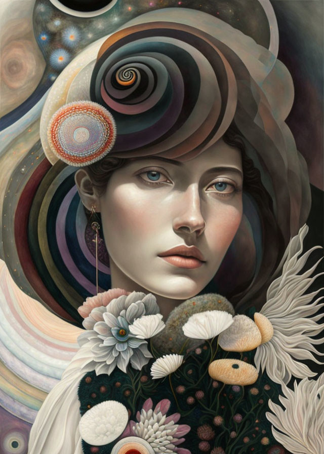 Surreal portrait: woman with celestial patterns, floral attire, dreamlike atmosphere