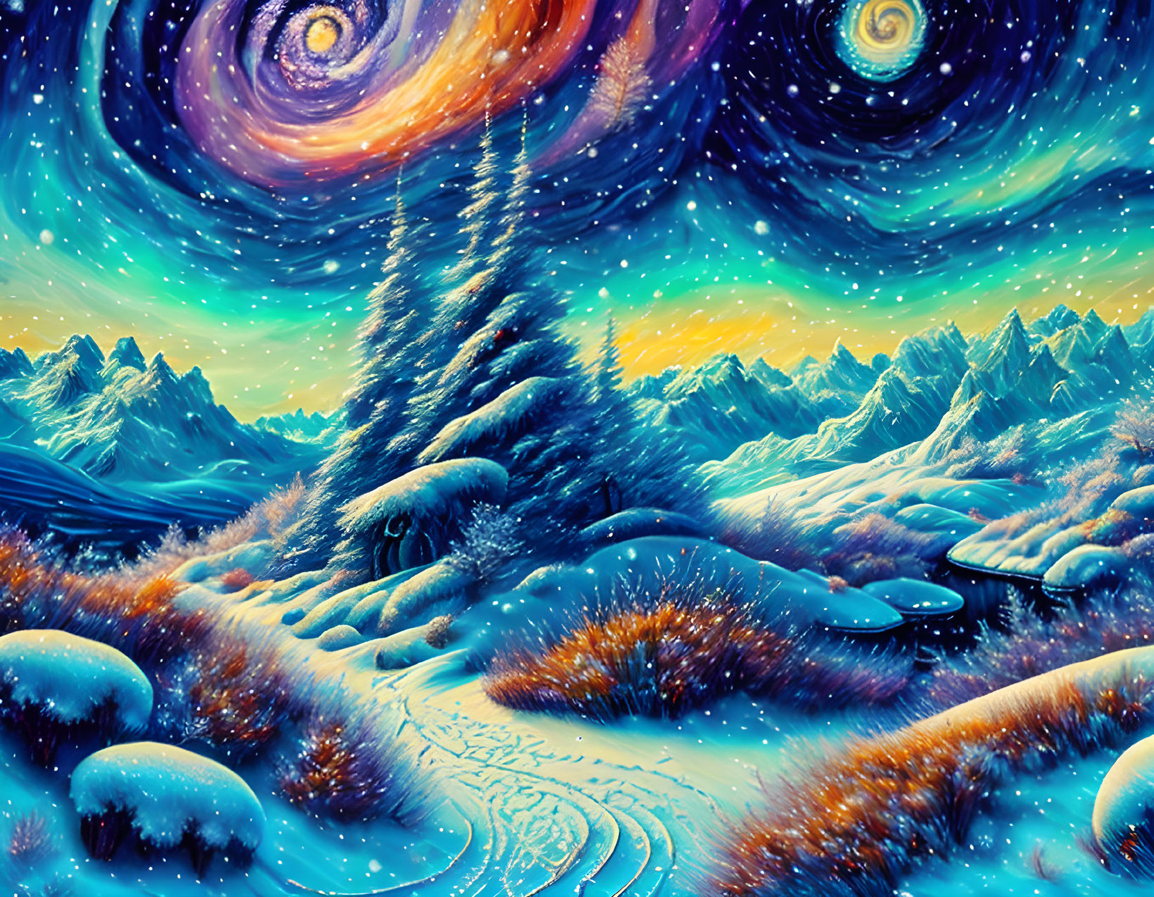 Surreal winter landscape with starry skies, snow-covered mountains, pine trees, and mysterious path