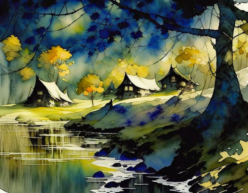 Colorful Painting of Serene Lakeside Village with Vibrant Trees and Reflective Water