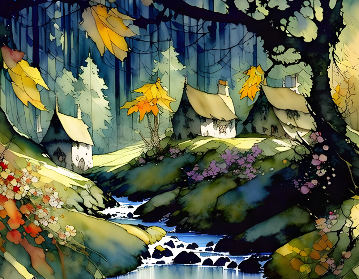 Whimsical cottages and autumn trees in vivid watercolor.