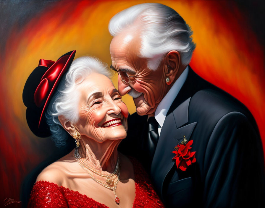 Elderly couple in formal attire smiling affectionately at each other