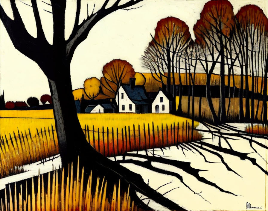 Vibrant yellow fields and red trees in stylized painting