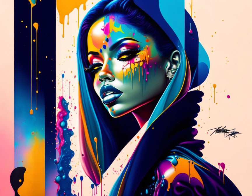 Vibrant digital artwork of stylized woman with exaggerated features