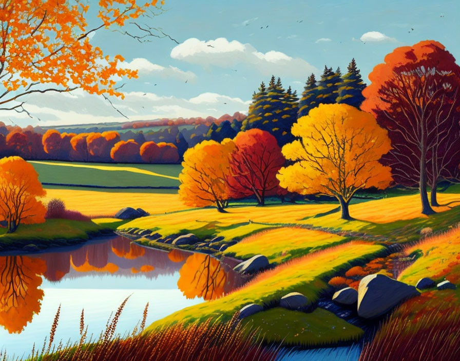 Tranquil Pond in Vibrant Autumn Landscape