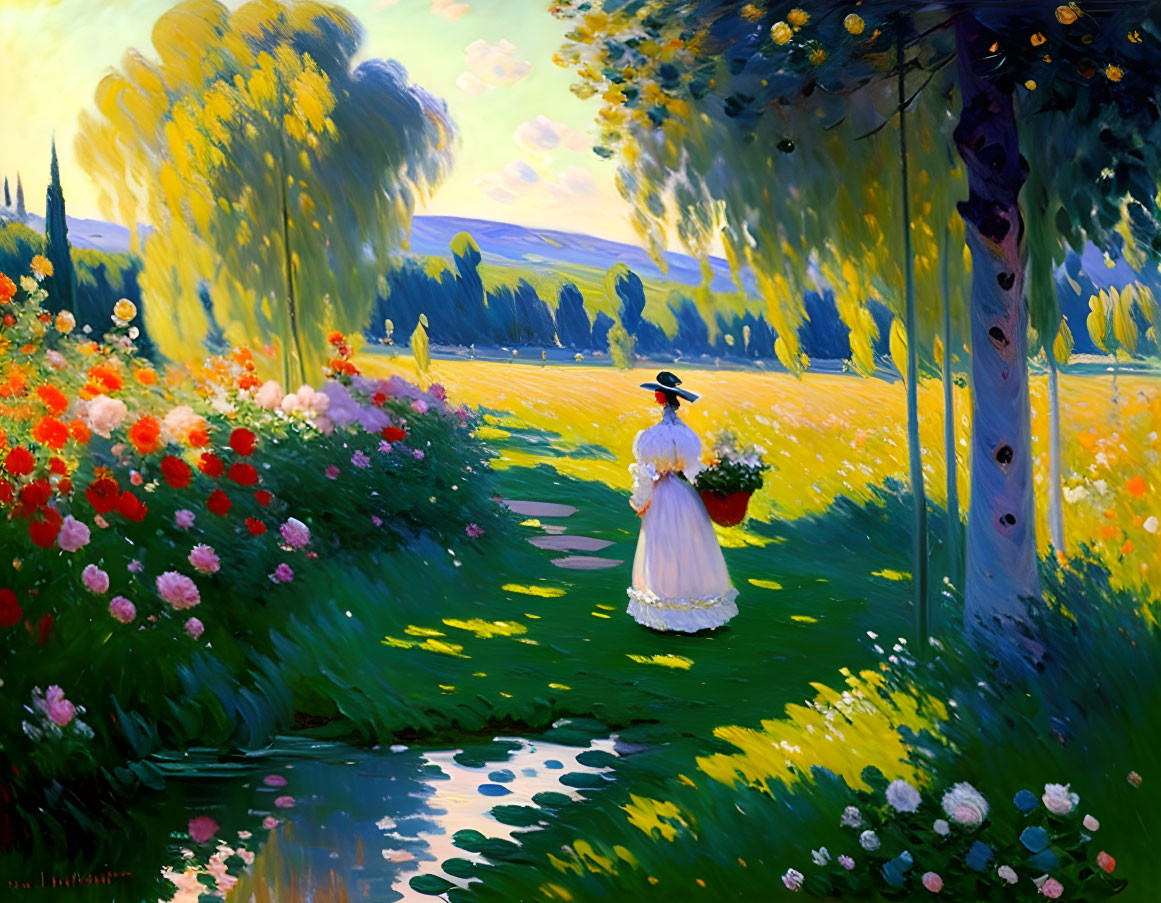 Woman in Long Dress and Hat Strolling Garden Path