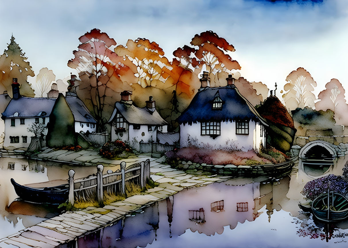 Village cottages, bridge, boat, autumn trees in watercolor illustration