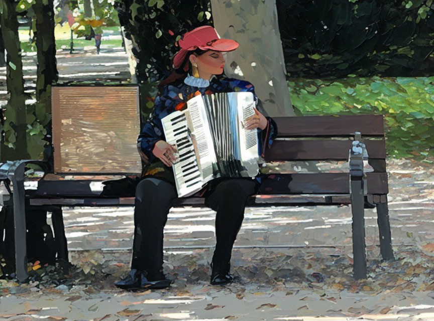 Colorfully dressed person plays accordion on park bench among trees