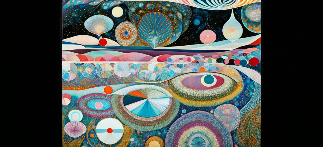 Colorful Abstract Painting with Circular Patterns of Celestial Bodies, Marine Life, and Optical Illusions