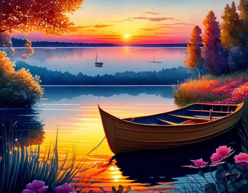 Vibrant sunset over calm lake with boat and flowers under colorful sky