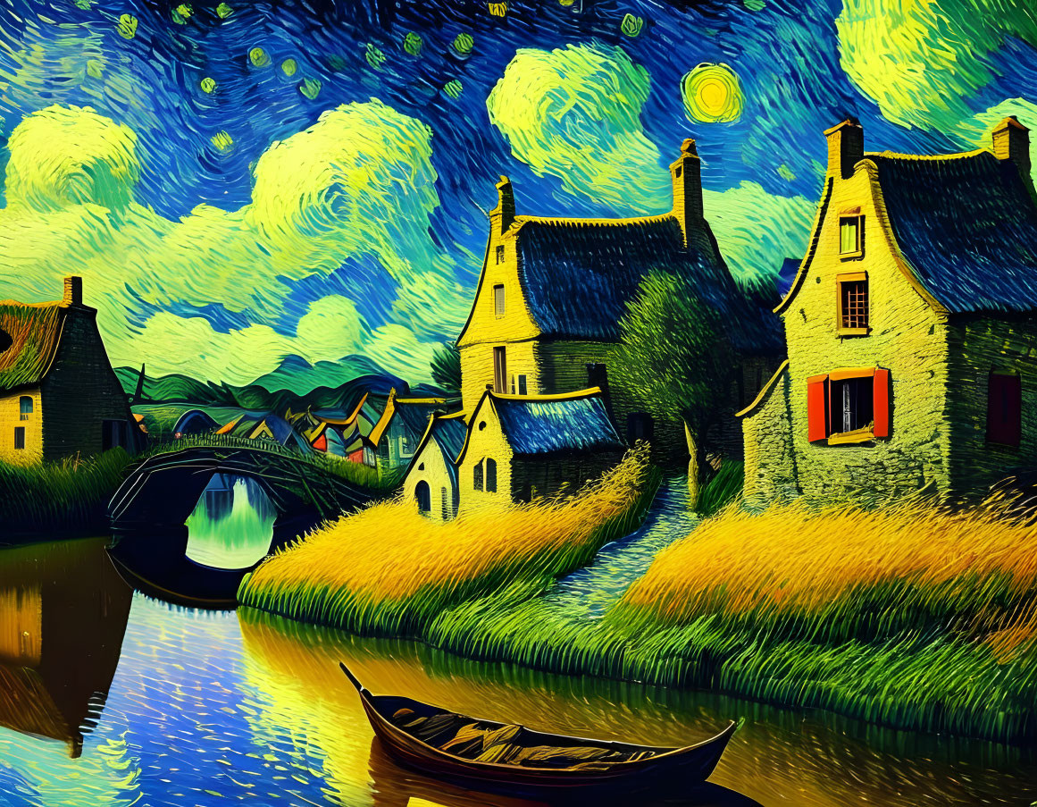 Scenic village painting with starry skies, moon, bridge, river, houses, boat