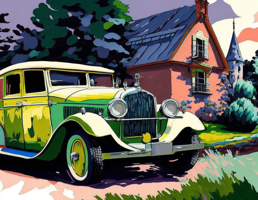 Colorful illustration of yellow and green car in front of quaint house