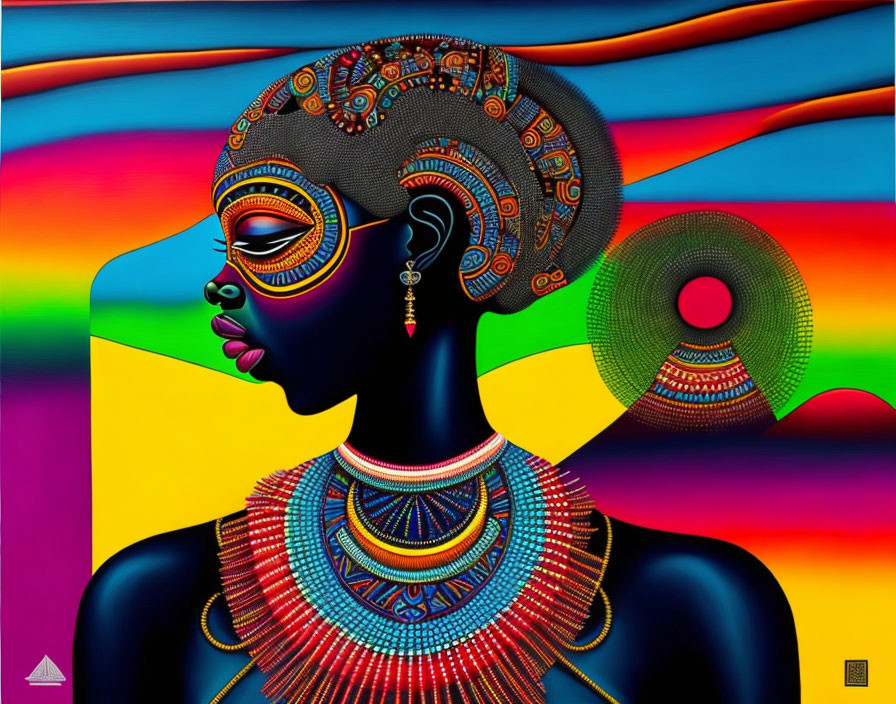 Vibrant digital artwork: Woman's profile with African accessories on abstract background