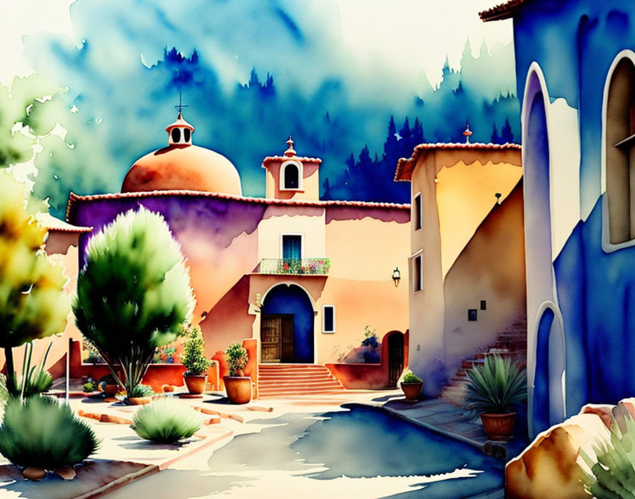 Vibrant watercolor painting of Mediterranean-style villa with terracotta roof and lush greenery