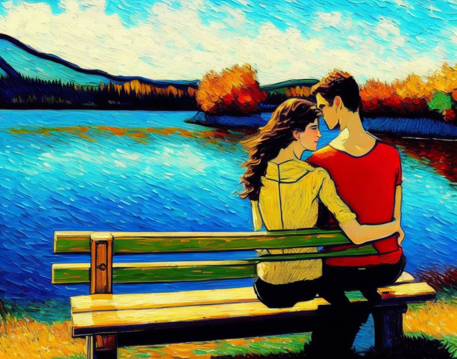 Intimate couple on bench by vibrant autumn lake