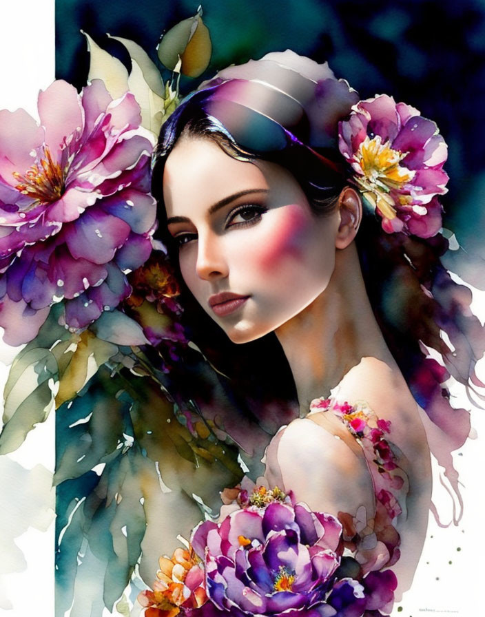 Woman's portrait with floral adornments in realistic watercolor style