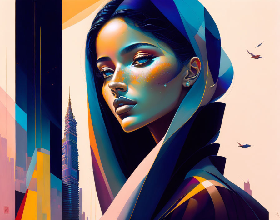 Vibrant digital portrait with abstract cityscape elements