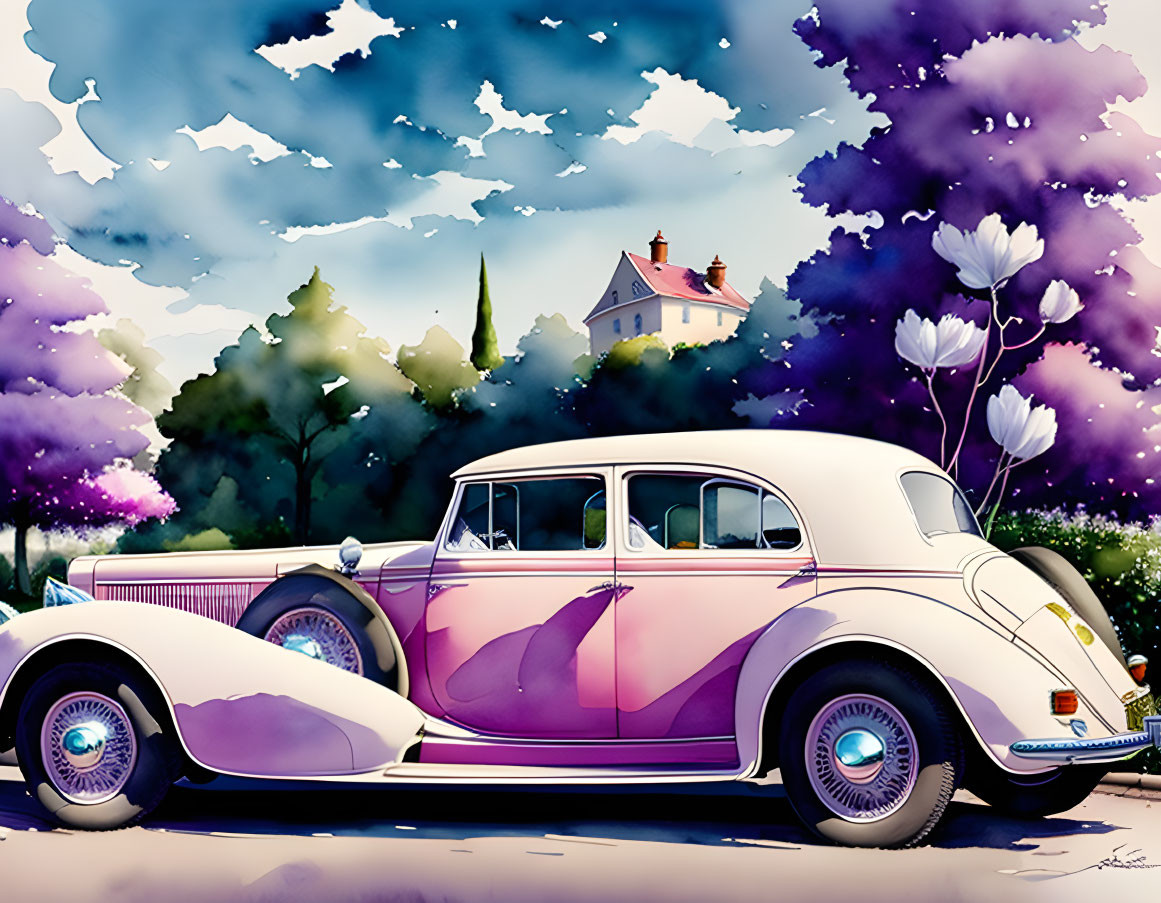 Illustration of Vintage Purple Car in Scenic Landscape