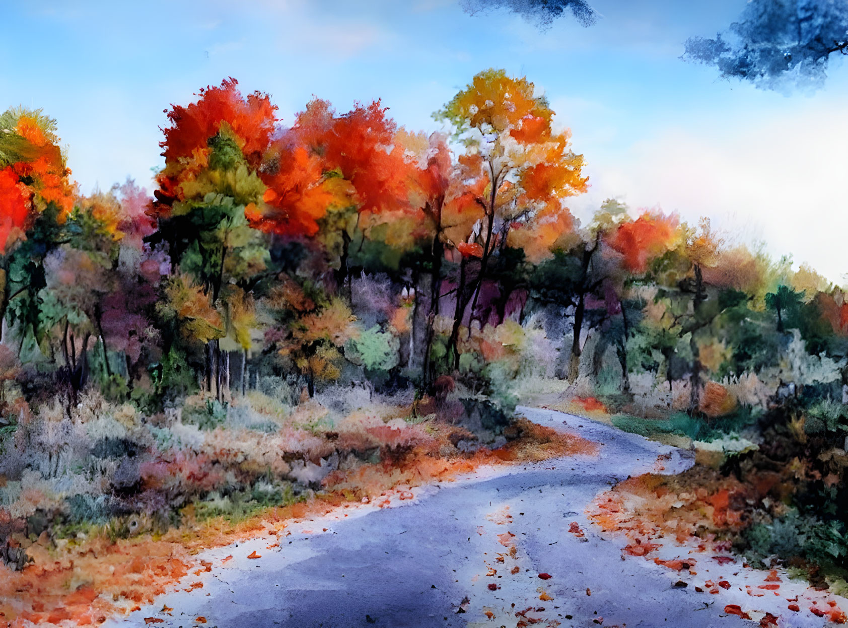 Colorful watercolor painting of autumn forest path