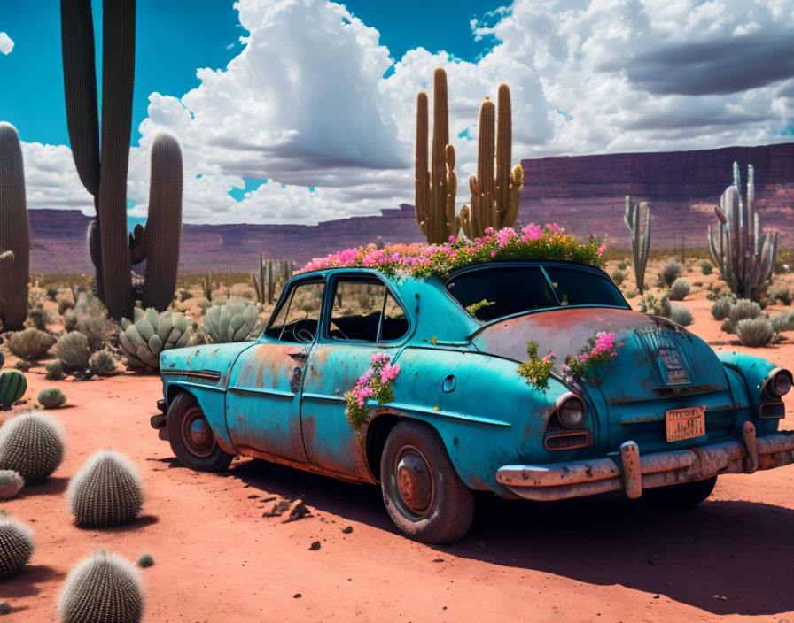 Abandoned turquoise car with flowers in desert landscape