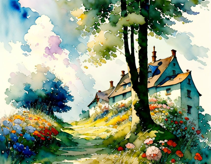 Colorful watercolor painting: Cottage surrounded by vibrant nature