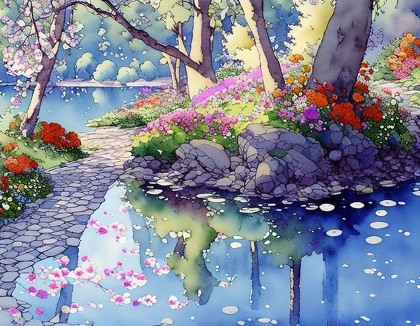 Serene garden path watercolor painting with vibrant colors