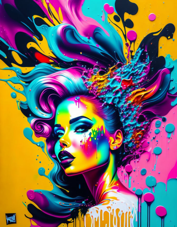 Colorful street art painting: Woman with paint splash hair on yellow background