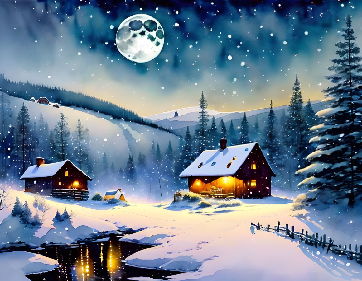 Snowy night with cabins, river, full moon, and falling snowflakes