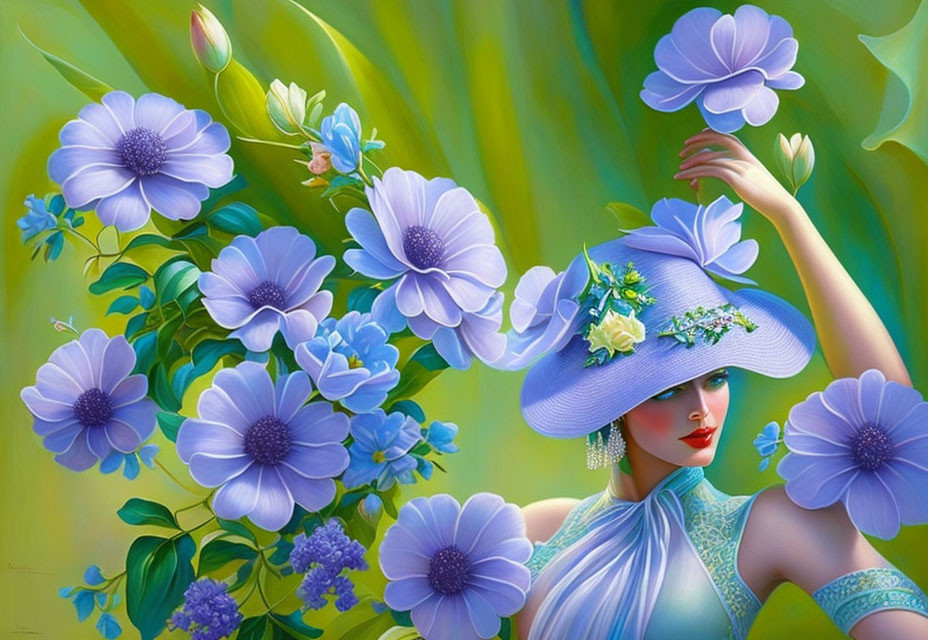 Colorful Illustration: Woman in Blue Dress and Hat with Matching Flowers