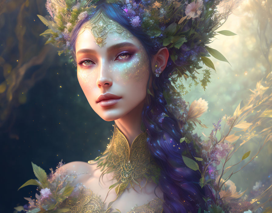 Ethereal woman with floral crown in enchanting forest glow