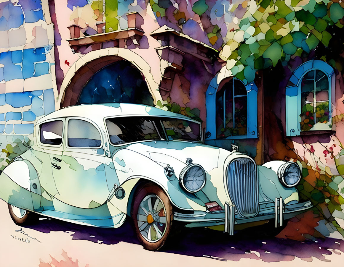 Vibrant watercolor of classic car by arched building