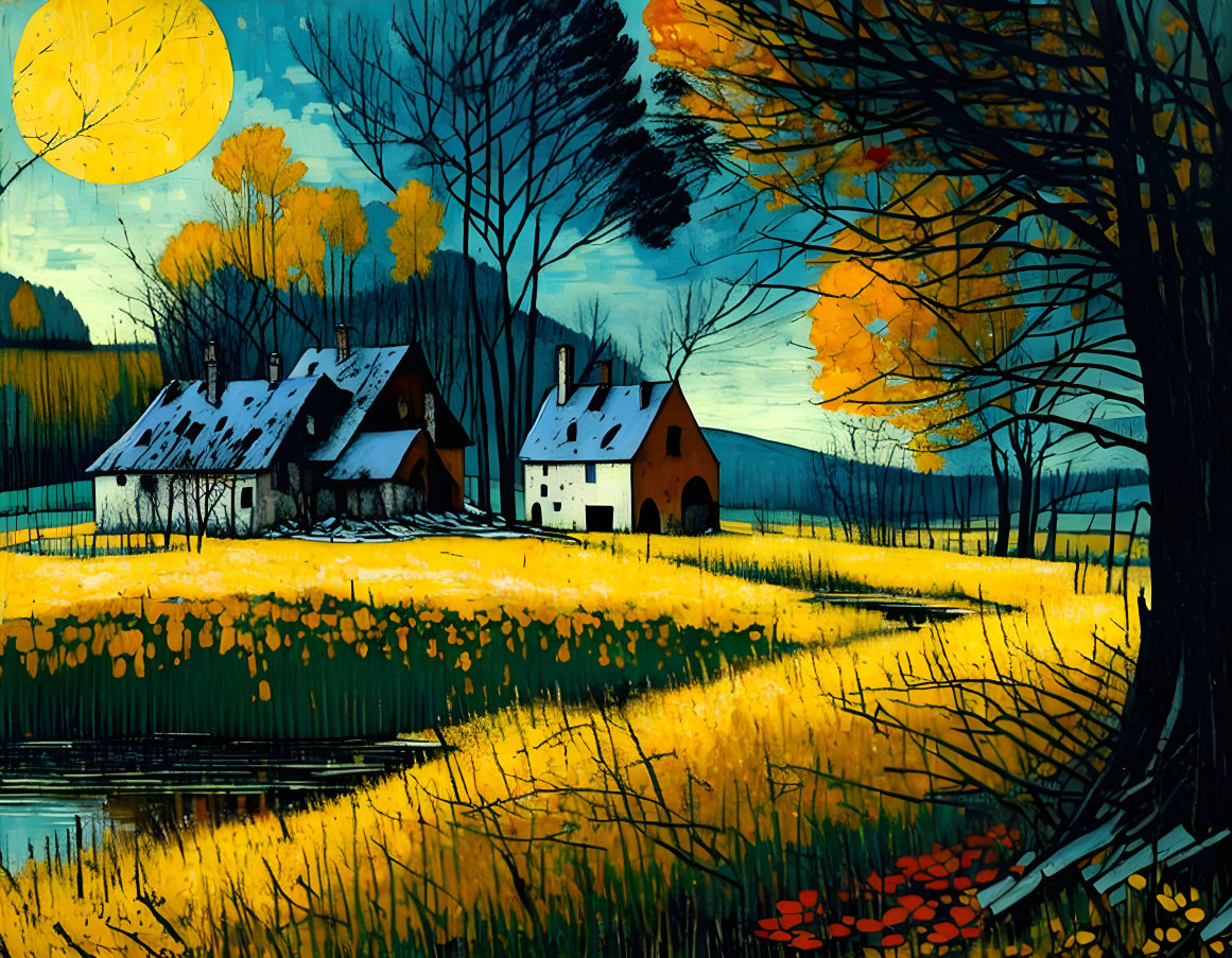 Vibrant autumn landscape with yellow fields, houses, trees, pond, and large moon/sun