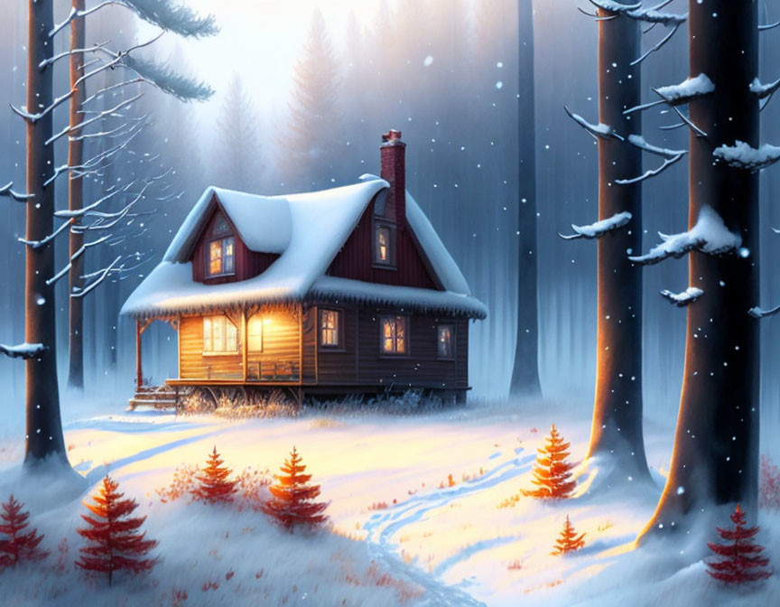 Snowy forest cabin with glowing windows in pine tree setting