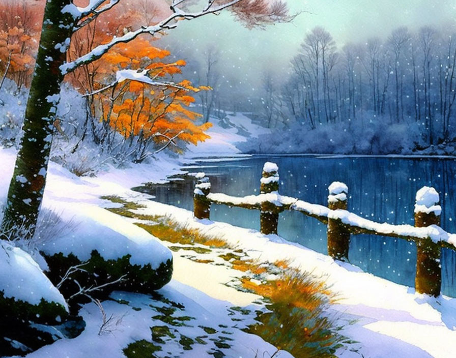 Snowy Landscape with Colorful Trees by Riverbank in Gentle Snowfall