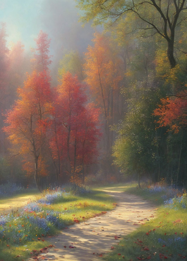 Tranquil autumn forest scene with red and orange trees, blue wildflowers, and fallen leaves