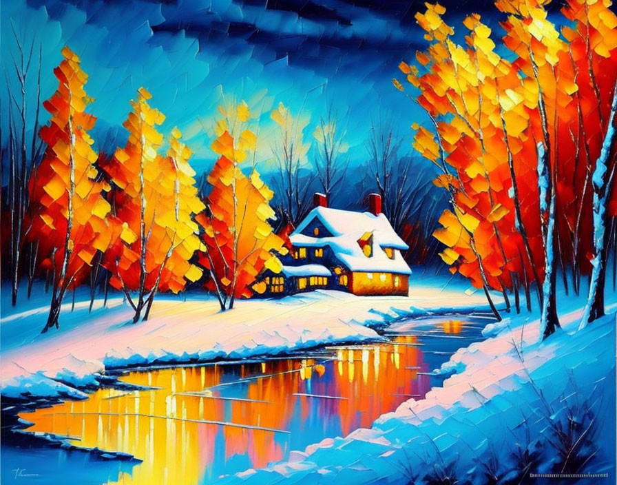 Snow-covered landscape with cozy cottage, river, autumn trees, and blue sky