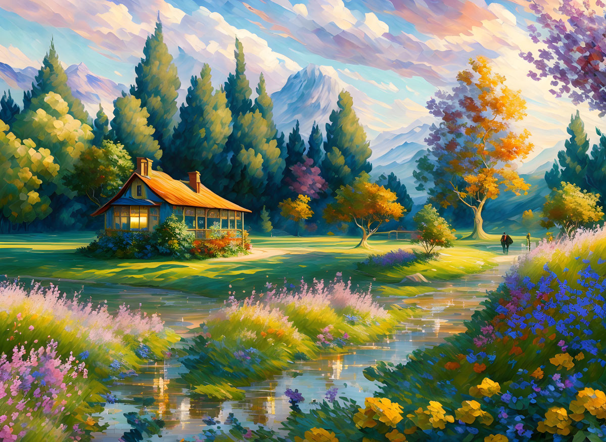 Tranquil landscape with cottage, flowers, stream, mountains