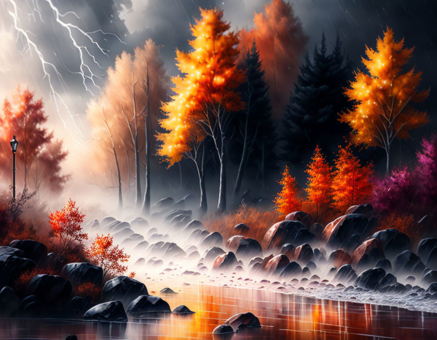 Colorful autumnal scene with lightning storm and misty river