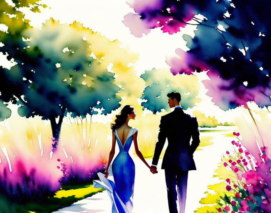 Colorful watercolor illustration of couple in whimsical garden