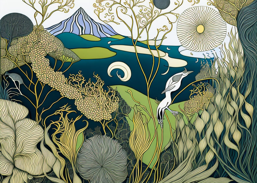 Stylized nature scene with heron, elaborate flora, whimsical landscape