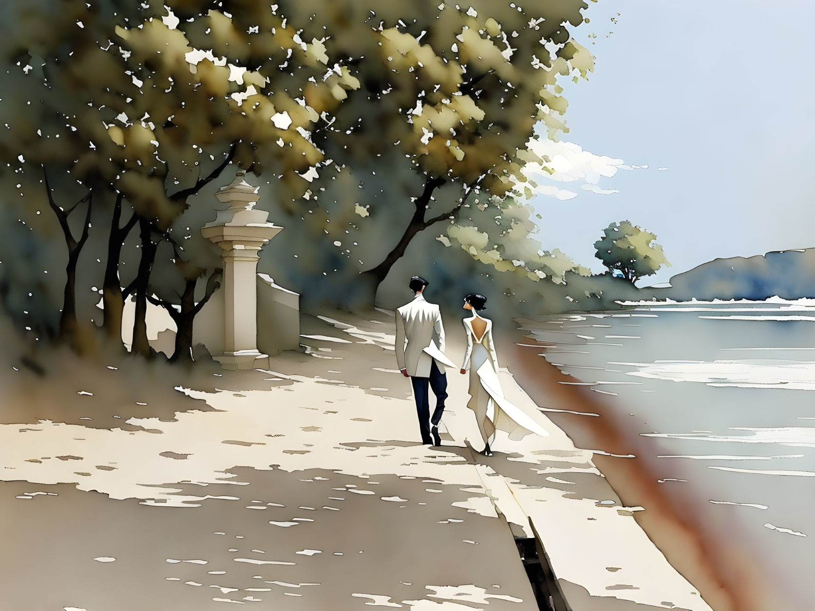 Wedding couple walking by lakeside path under sunny sky