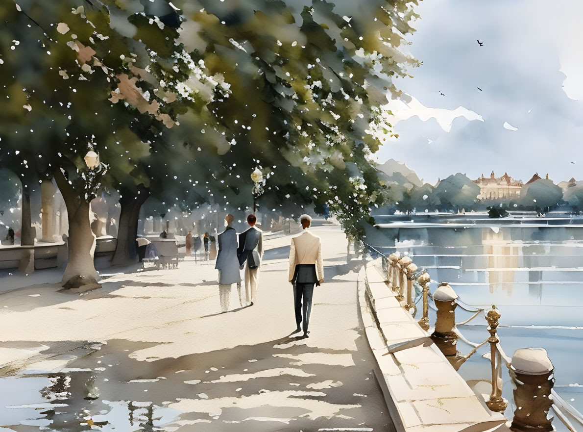 Riverside promenade with strolling individuals, trees, lamp posts, birds, and distant city