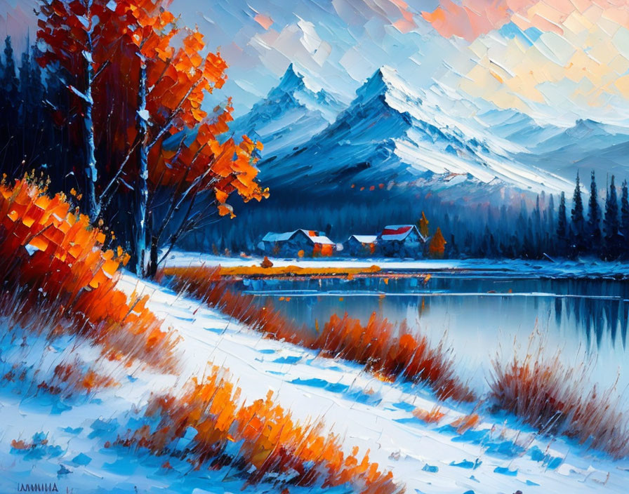 Snowy landscape with autumn trees, lake, mountains, cottages, colorful sky