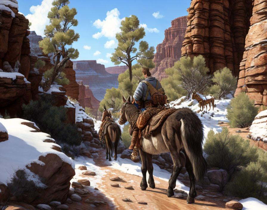 Cowboy leading horses in snowy canyon with red rock formations under blue sky